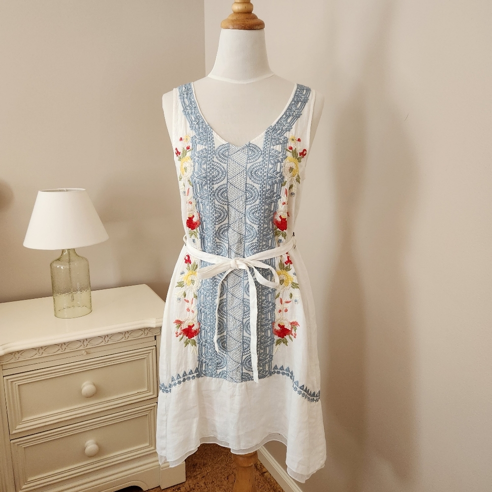 JOHNNY WAS LINEN EMBROIDERED LINED DRESS